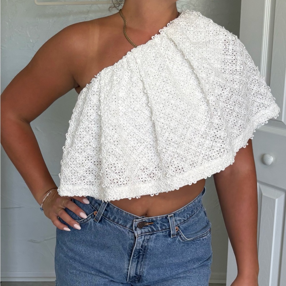 Lela Rose White One-Shoulder Blouse